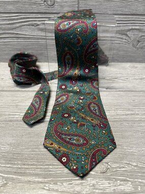 Campus All  Silk Neck Tie Paisley Teal Green Burgundy Made in USA Vintage